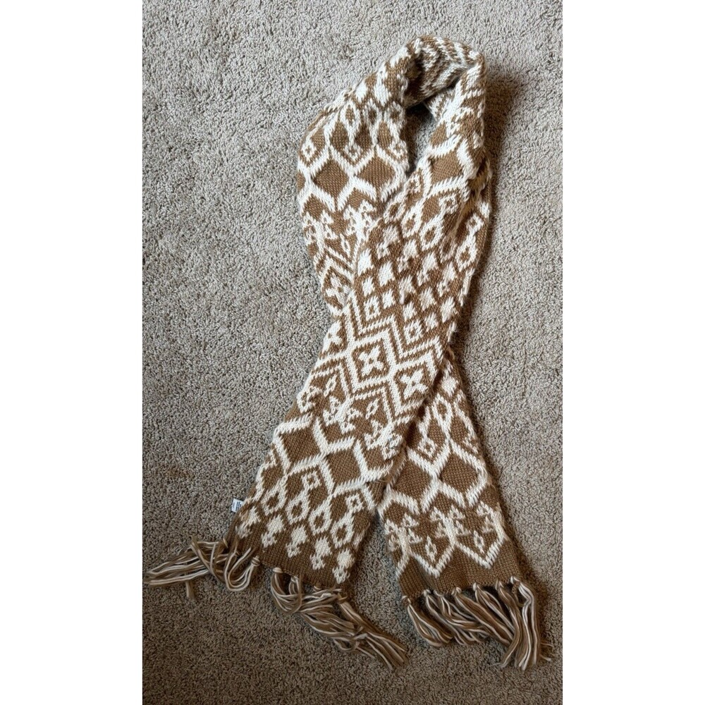 Old Navy Acrylic Knit Geometric Fringe Rectangle Scarf Brown/White One Size